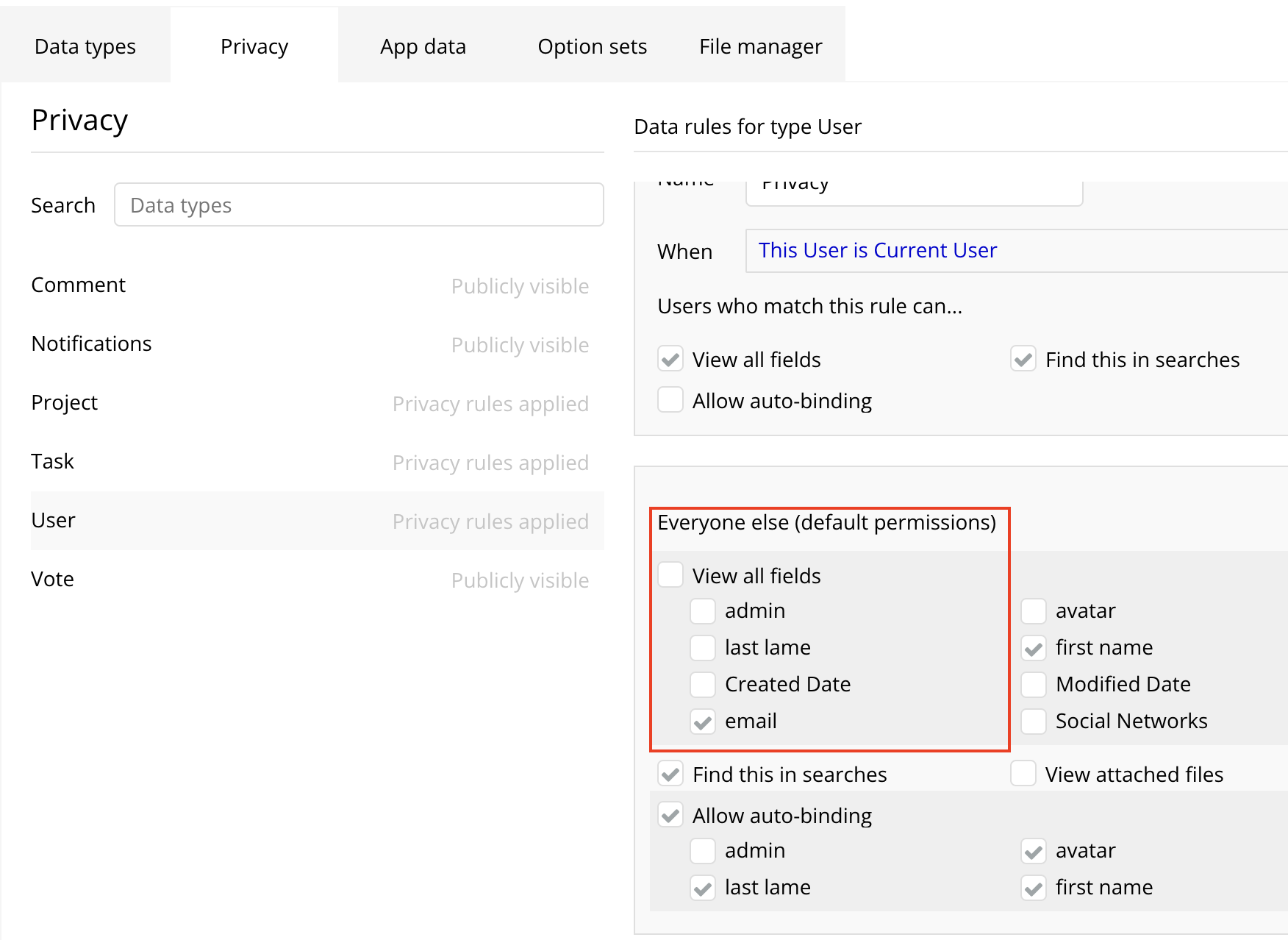 Bubble privacy settings